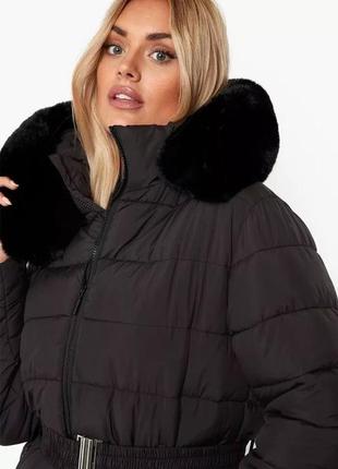 Тепла куртка пуховик пуффер з ремінцем і хутром с ремнем и мехом горнолыжная