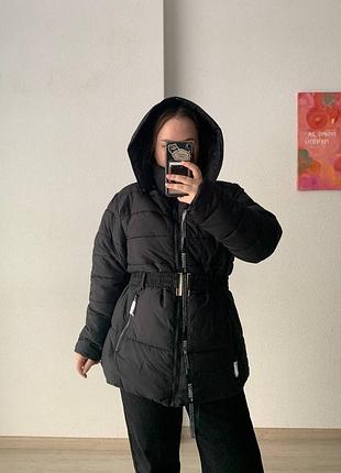 Тепла куртка пуховик пуффер з ремінцем і хутром с ремнем и мехом горнолыжная