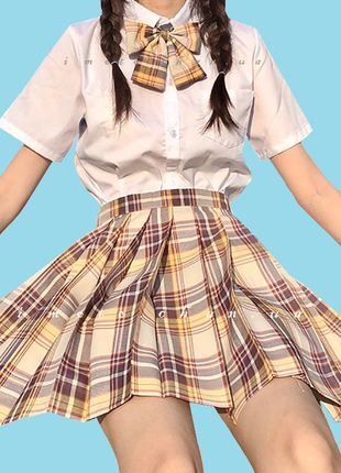 Японская  желтая плиссированная юбка в клеточку аниме косплей