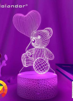 3d светильник "мишка с шариком", оригинальный подарок на день влюбленных