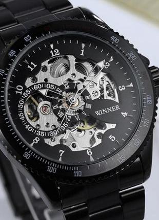 Металевий чоловічий наручний годинник winner skeleton, механічний годинник для чоловіків з прозорим механізмом1 фото