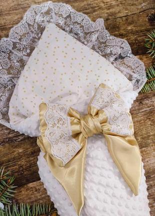 Летний конверт одеяло с кружевом для новорожденных, белый с золотым3 фото