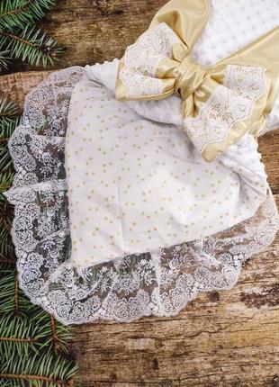 Летний конверт одеяло с кружевом для новорожденных, белый с золотым2 фото