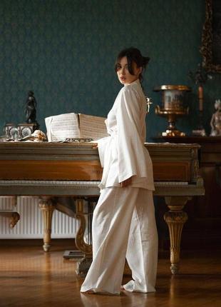Льняной домашний женский костюм в пижамном стиле «margo» цвет белый натуральная льняная пижама двойка5 фото