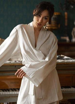 Льняной домашний женский костюм в пижамном стиле «margo» цвет белый натуральная льняная пижама двойка3 фото