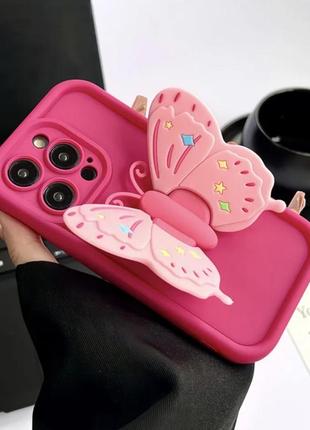 Чехол 3d с попсокетом для телефона iphone 12 pro max бабочка розовый2 фото