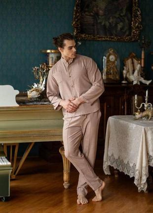 Чоловіча лляна піжама-двійка кофта та штани зручний натуральний чоловічий костюм у піжамному стилі для відпочинку