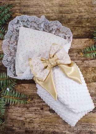 Демисезонный конверт одеяло с кружевом для новорожденных, белый с золотым