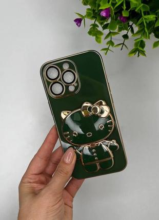 Чохол для iphone гальванічний з підставкою (pop-socket) hello kitty  dark green