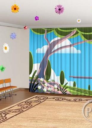 Весенние фото шторы в детский сад  "качели на дереве" - любой размер