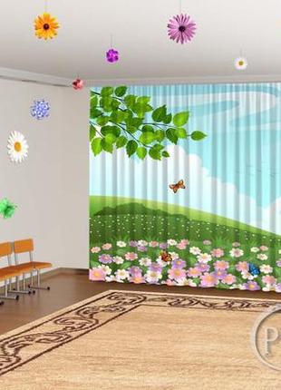 Весняні фото штори в дитячий садок "квіткова галявина з метеликами" - будь-який розмір1 фото