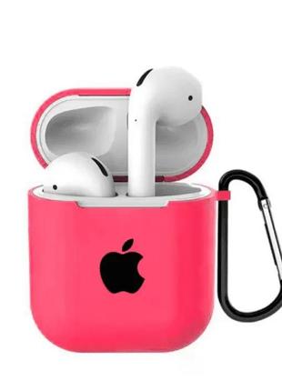 Чохол для airpods/airpods 2 silicone case with apple яскраво рожевий з карабіном