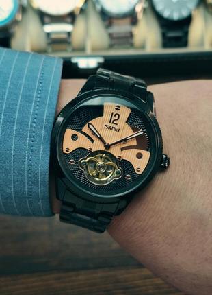 Мужские механические наручные часы с автоподзаводом skmei 9205 bkrg black-rose gold2 фото