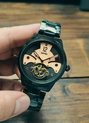 Мужские механические наручные часы с автоподзаводом skmei 9205 bkrg black-rose gold3 фото
