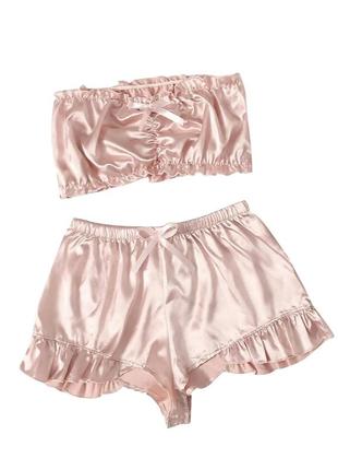 Сексуальний жіночий комплект нижньої білизни з шортиками та топом атласний рожевий домашній одяг7 фото