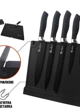 Комплект черных кухонных ножей с магнитной подставкой и стругачкой, набор ножей из нержавеющей стали2 фото
