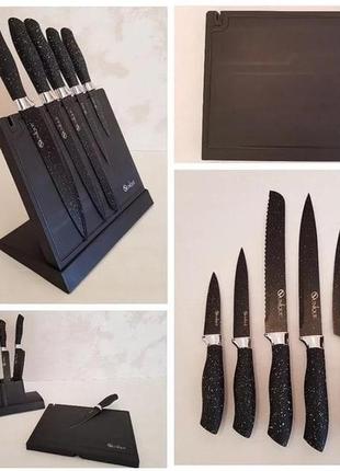 Комплект черных кухонных ножей с магнитной подставкой и стругачкой, набор ножей из нержавеющей стали9 фото