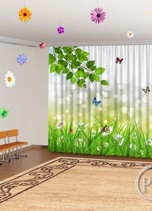 Весенние фото шторы в детский сад  "ромашки в траве и бабочки" - любой размер