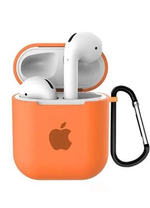Чехол для airpods/airpods 2 silicone case with apple оранжевый с  карабином1 фото