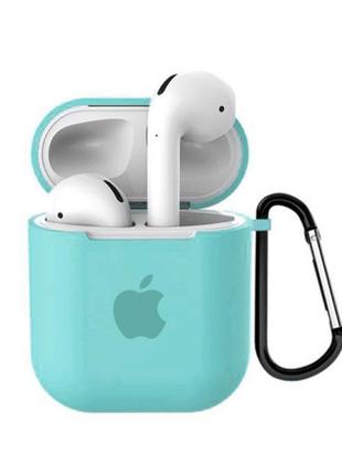 Чехол для airpods/airpods 2 silicone case with apple sea blue с карабином(голубой)1 фото