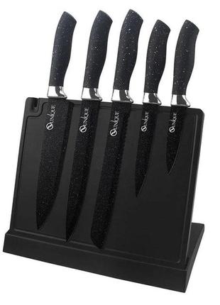 Набор черных кухонных ножей из нержавеющей стали: комплект ножей с магнитной подставкой и точилкой10 фото