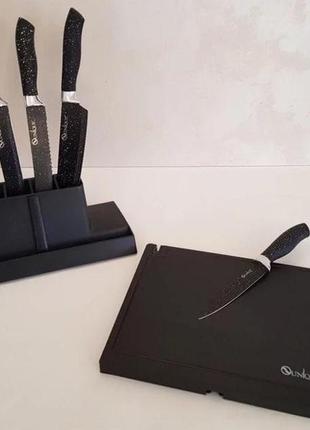 Набор черных кухонных ножей из нержавеющей стали: комплект ножей с магнитной подставкой и точилкой3 фото