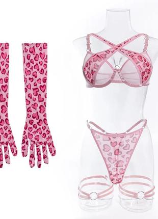 Комплект жіночої нижньої білизни ліф трусики рукавички підвʼязки з рожевими сердечками2 фото