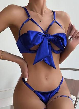 Комплект женского нижнего белья лиф трусики подвязки с бантом в синем цвете атласный комплект3 фото