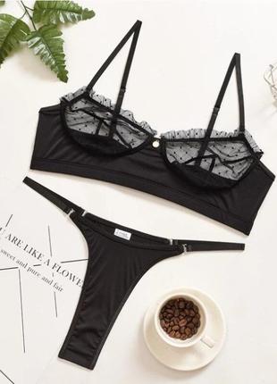 Сексуальное женское нижнее белье комплект в черном цвете горошек