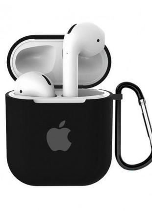 Чехол для airpods/airpods 2 silicone case with apple black с карабином(черный)
