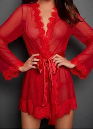 Жіночий комплект нижньої білизни прозорий халат і трусики червоний пеньюар пенюар3 фото