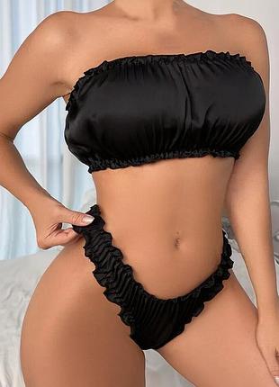 Жіночий комплект нижньої білизни атласний чорний трусики і топ