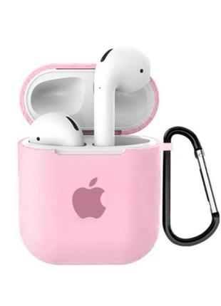 Чехол для airpods/airpods 2 silicone case with apple розовый с  карабином1 фото