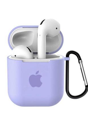 Чохол для airpods/airpods 2 silicone case with apple лавандовий з карабіном1 фото