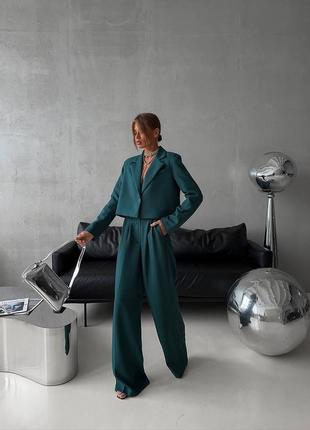 Жіночий брючний костюм кроп жакет з брюками палаццо класичний короткий піджак + брюки штани палацо2 фото