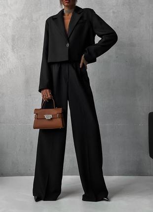 Жіночий брючний костюм кроп жакет з брюками палаццо класичний чорний короткий піджак + брюки штани палацо