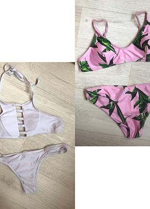 Купальник белый / розовый принт листья с чашками