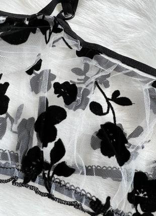Еротична інтимна жіноча нижня білизна прозорий комплект з бархатними оксамитовими квітами4 фото