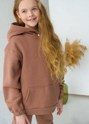 Костюм спортивный не кашлатится теплый детский из family look из трехнитки пинье на флисе коричневый5 фото