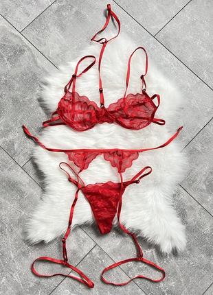 Еротична інтимна жіноча нижня білизна комплект червоний з поясом та підвʼязками5 фото