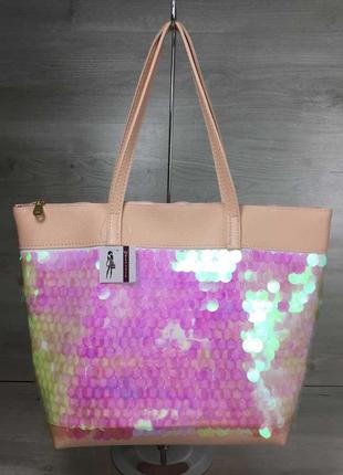 Жіноча сумка рожева сумка з пайетками пудрова сумка з паєтками шопер шоппер1 фото
