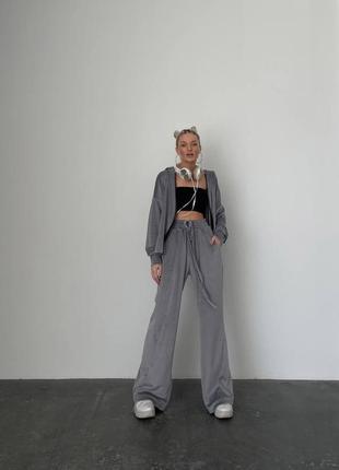 Трендовий жіночий велюровий спортивний прогулянковий костюм: широкі штани + зіп худі2 фото