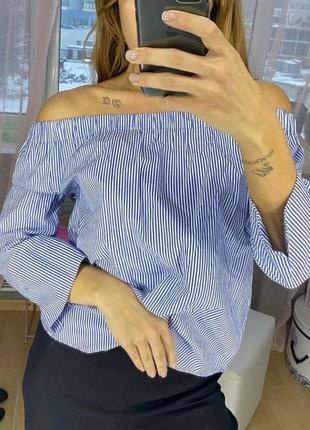 Блуза zara с открытыми плечами 100%котон в полоску1 фото