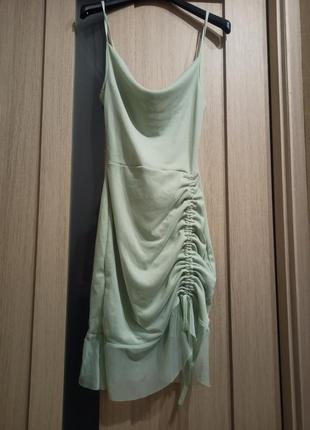 Ментолова міні сукня зі зборкою5 фото