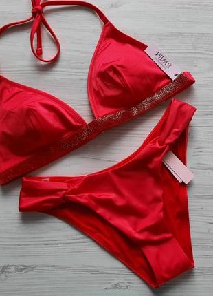 Червоний купальник трикутники зі стразами стрази victoria's secret l m з камінням яскравий