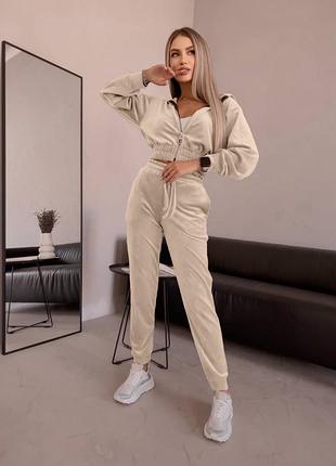 Велюровый спортивный костюм кофта укороченная и штаны джоггеры 12 цветов