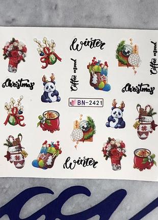 Наклейки на ногти декор для ногтей маникюра водные слайдеры с пандами букетами цветами цветочками игрушки новогодние рождественские зимние