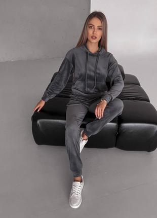 Стильний практичний велюровий споротвний костюм двійка з кофтою зі штанами графітовий 13 кольорів5 фото
