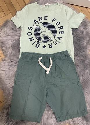 Летний комплект костюм футболка принт динозавров шорты на резинке 8-9р 134см4 фото
