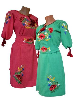 Льняное платье вышиванка для девочки подростка зеленое вышивка гладью р.146 - 164